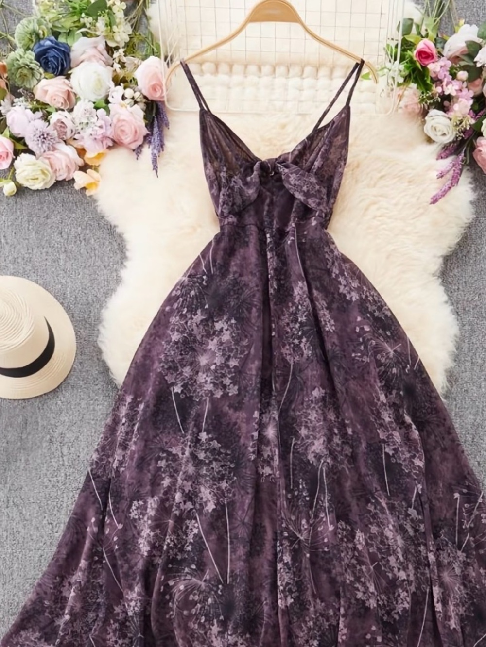 Elegant Purple Floral Maxi Dress with Spaghetti Straps